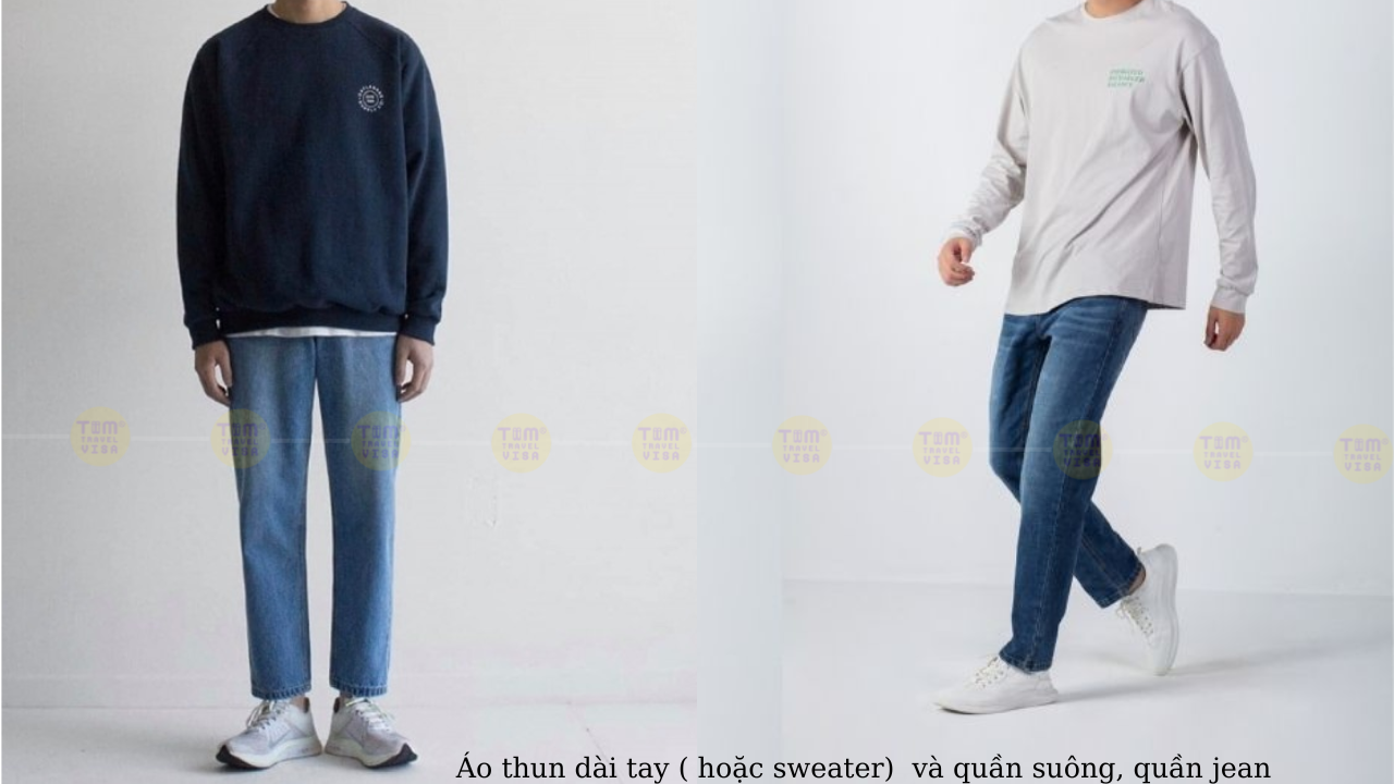 áo thun tay dài phối cùng quần jean hoặc quần suông