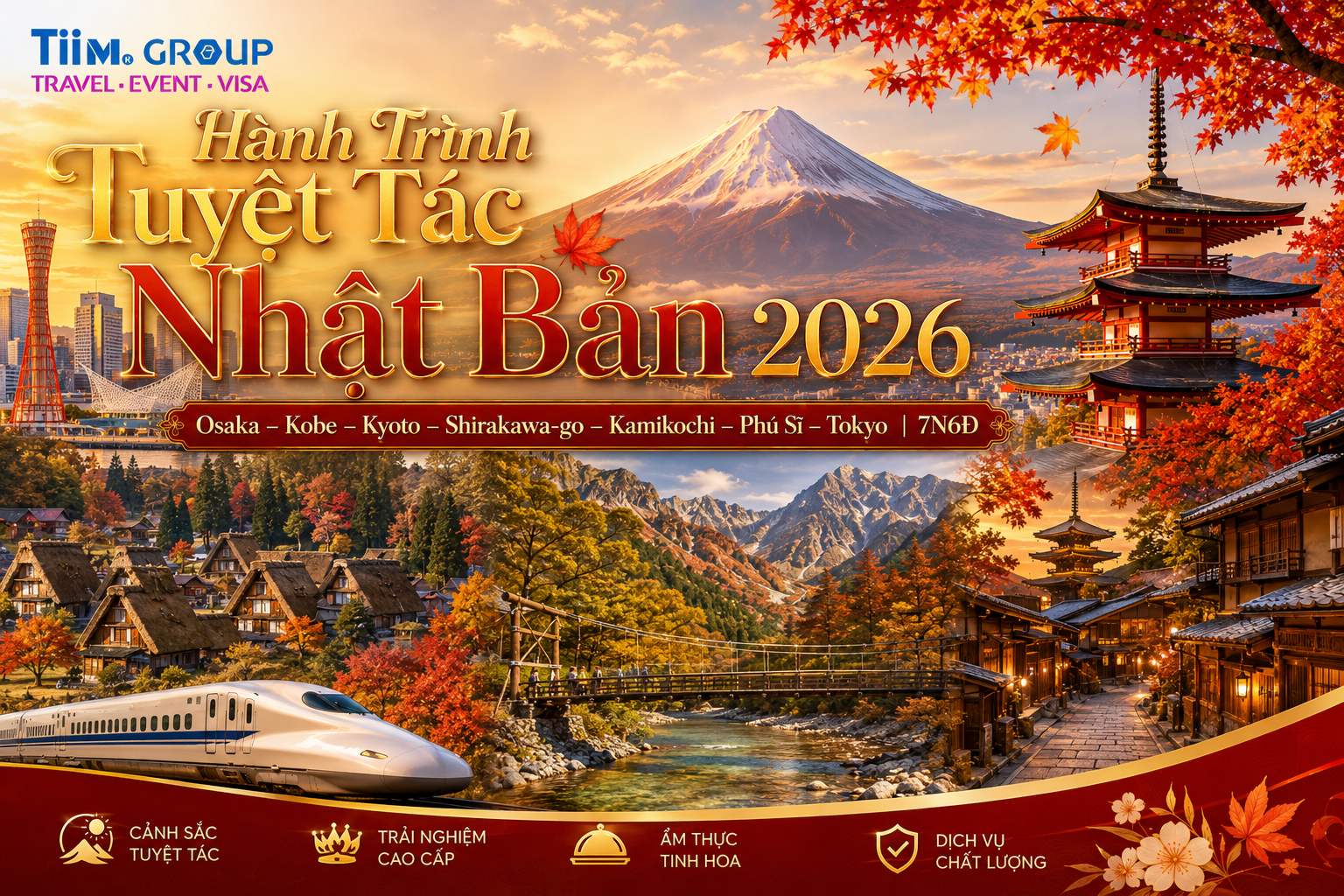Hành Trình Tuyệt Tác Nhật Bản 2026: Osaka – Kobe – Kyoto – Shirakawa-go – Kamikochi – Phú Sĩ – Tokyo | 7N6Đ
