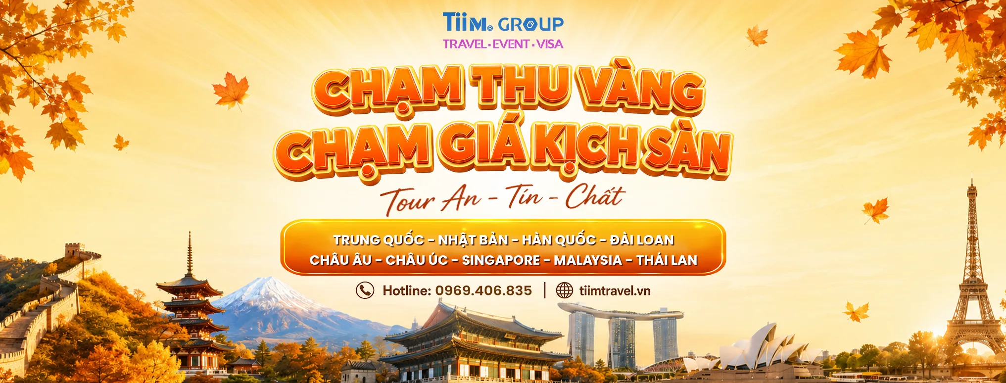 Khám phá vẻ đẹp mùa thu châu Á với các tour Hàn Quốc, Nhật Bản và Trung Quốc được tuyển chọn bởi Tiim Travel. Trải nghiệm mùa lá đỏ Nhật Bản, hàng ngân hạnh vàng rực tại Hàn Quốc và những thắng cảnh tuyệt đẹp của Trung Quốc trong thời điểm đẹp nhất năm.